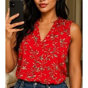 Rose+Olive Medium Sleeveless Top Red Babydoll Floral Boho Peasant Ruffle V-Neck